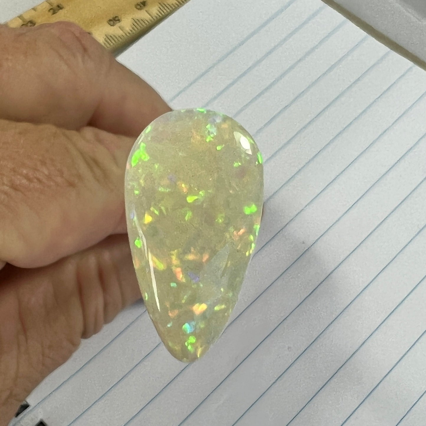 Perfect double sided pin fire solid white opal. Pear shaped and ready to go.