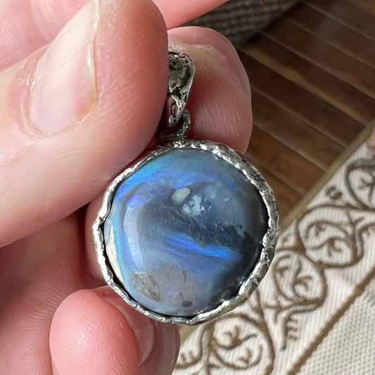 Awesome Lightning Ridge picture stone opal. Mounted with Argentium silver which shows off the stone perfectly. A beautiful design by Sally Fisher.