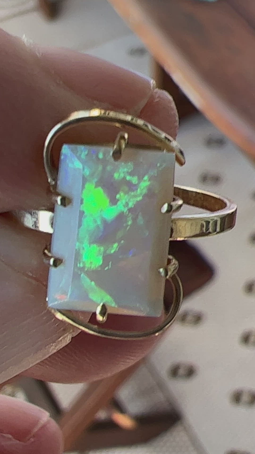 Stunning square cut Coober Pedy opal ring, beautifully polished and set in 14ct gold. A unique ring that will certainly be a show-stopper.