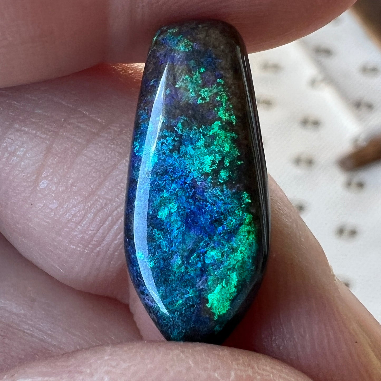 Winton boulder opal displaying beautiful blues and greens. Would make an awesome pendant or a large ring.
